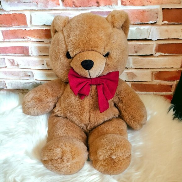 Well Made Toy Teddy Bear Plush Stuffed Animal Tan Red Bow Vintage 1991 18" - Picture 1 of 8